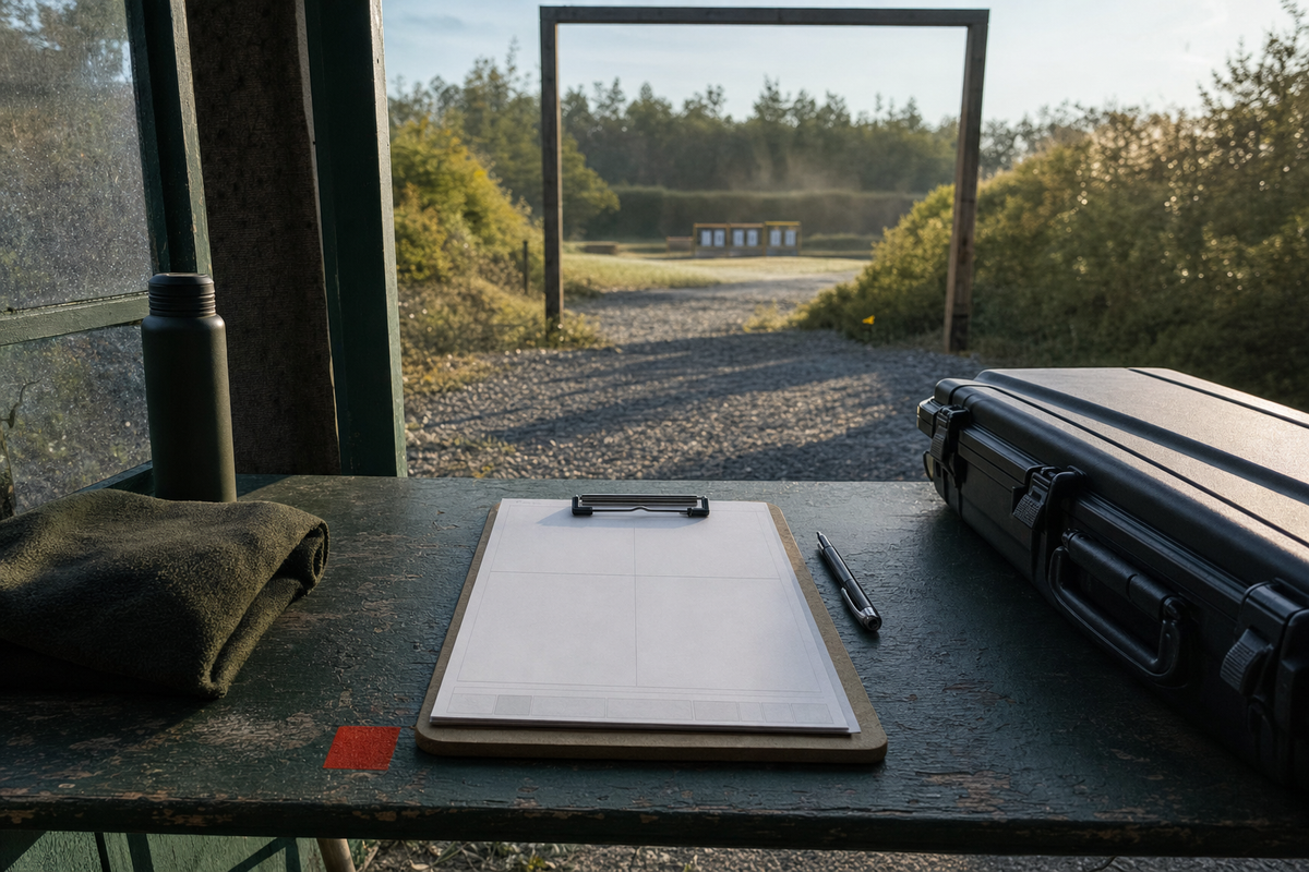 A local Ontario precision-rifle match check-in table with a blank clipboard, closed rifle case, and range threshold in morning light.