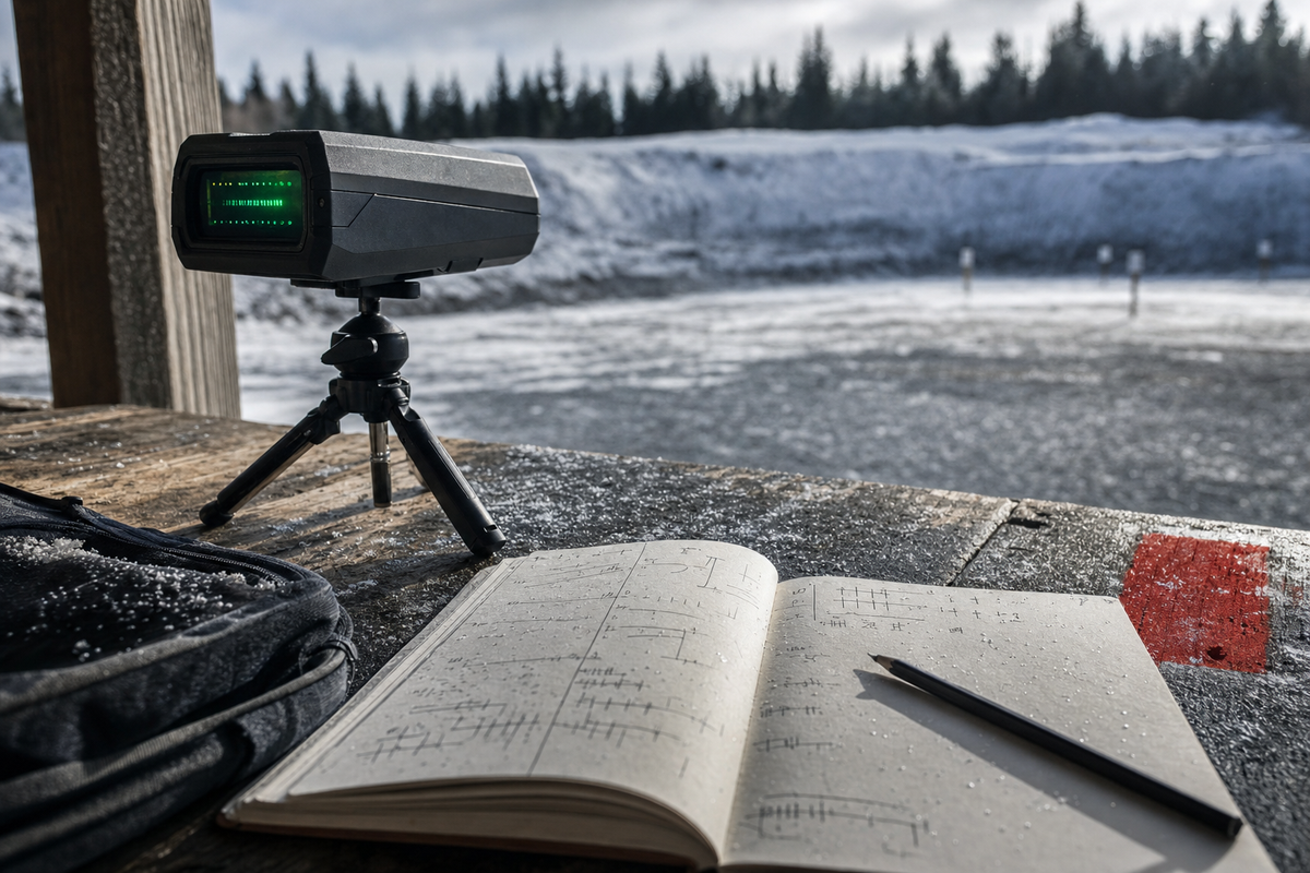 A compact radar chronograph beside an open range notebook on a cold Canadian range bench.