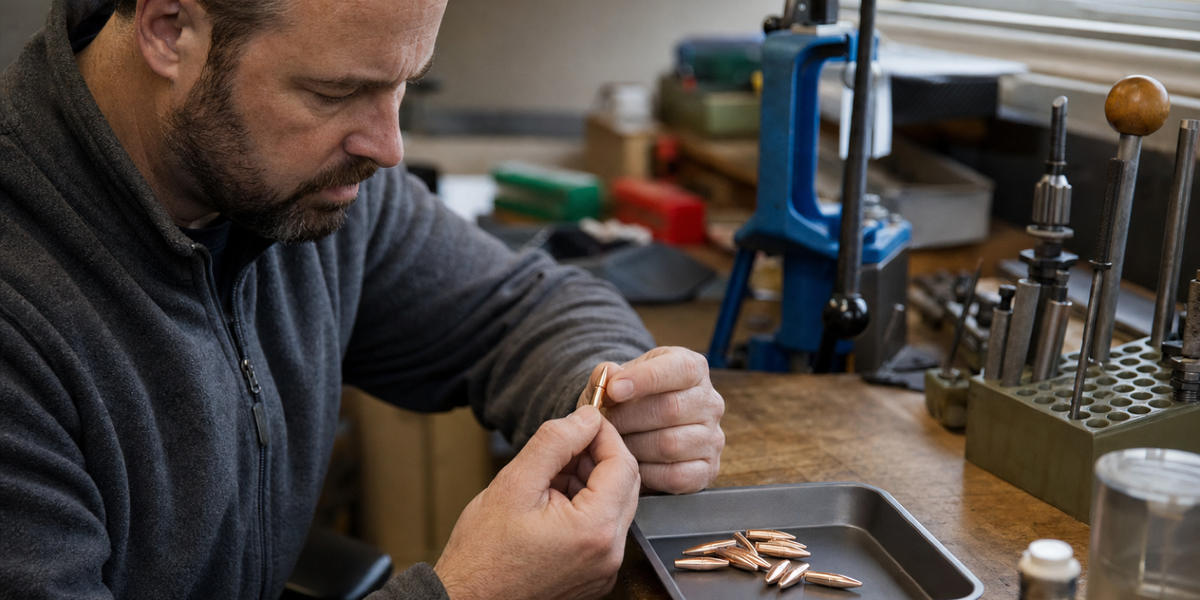 A handloader examines a copper-plated spitzer above a plain tray.