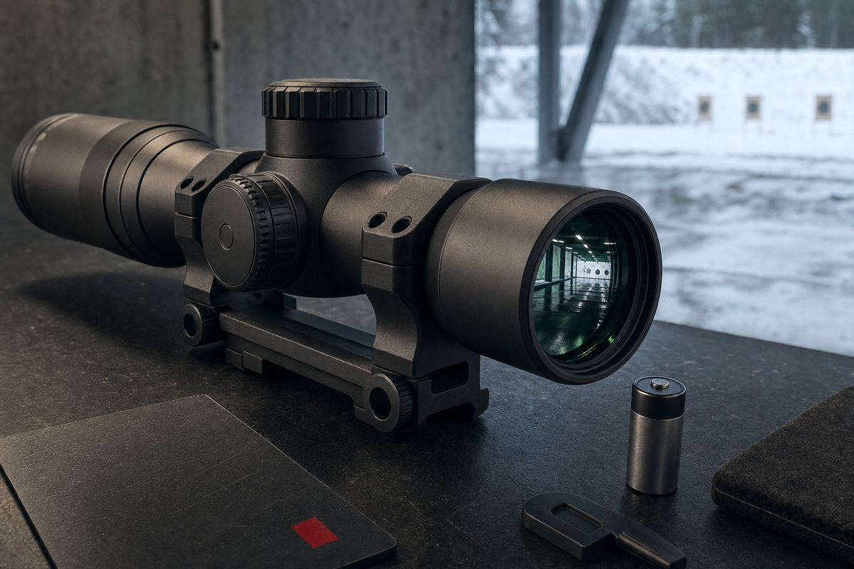 An unbranded smart riflescope with turret detail, mount hardware, a small battery, and cold range-light reflection.