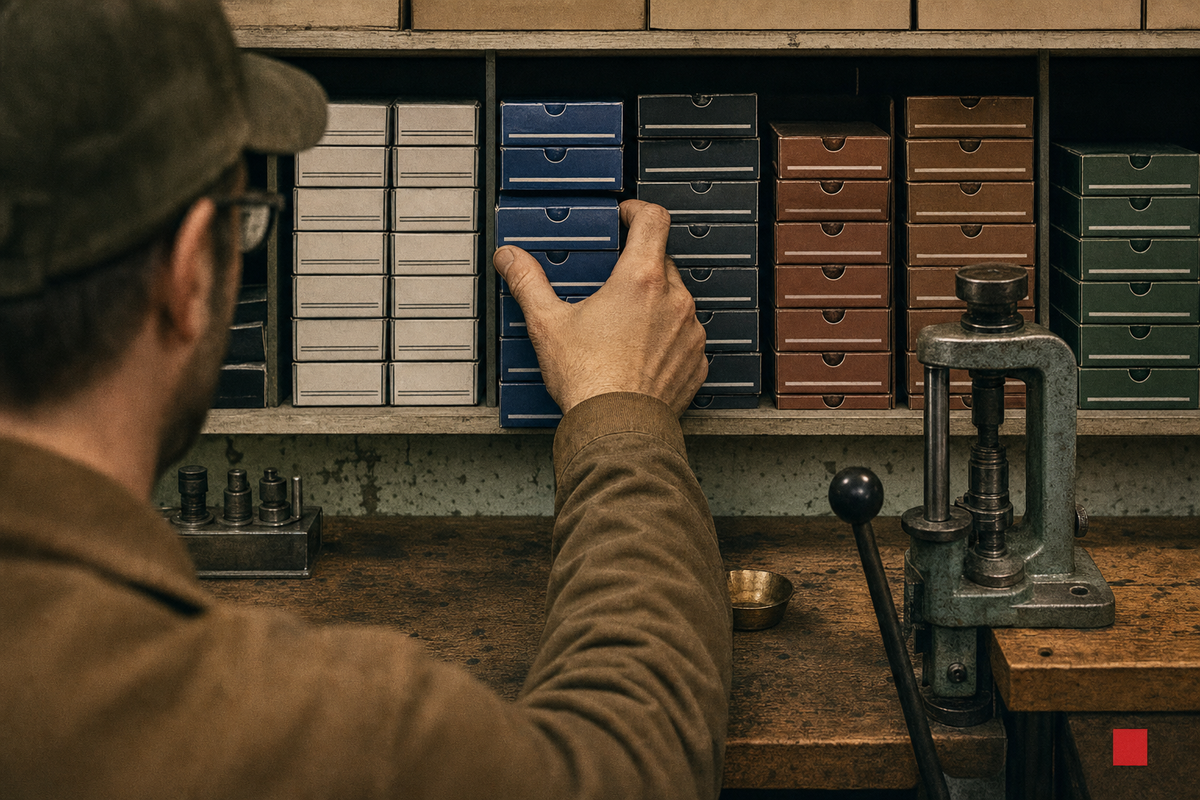 An adult hand selecting between visibly distinct sealed primer-family packages at a Canadian reloading bench and shelf.