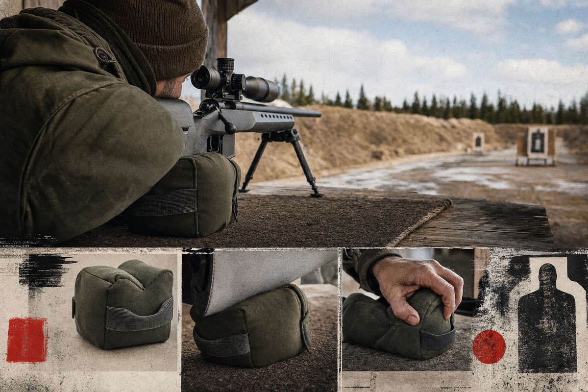 An adult at a Canadian range bench using an unbranded rear support under a precision-rifle stock safely pointed downrange.