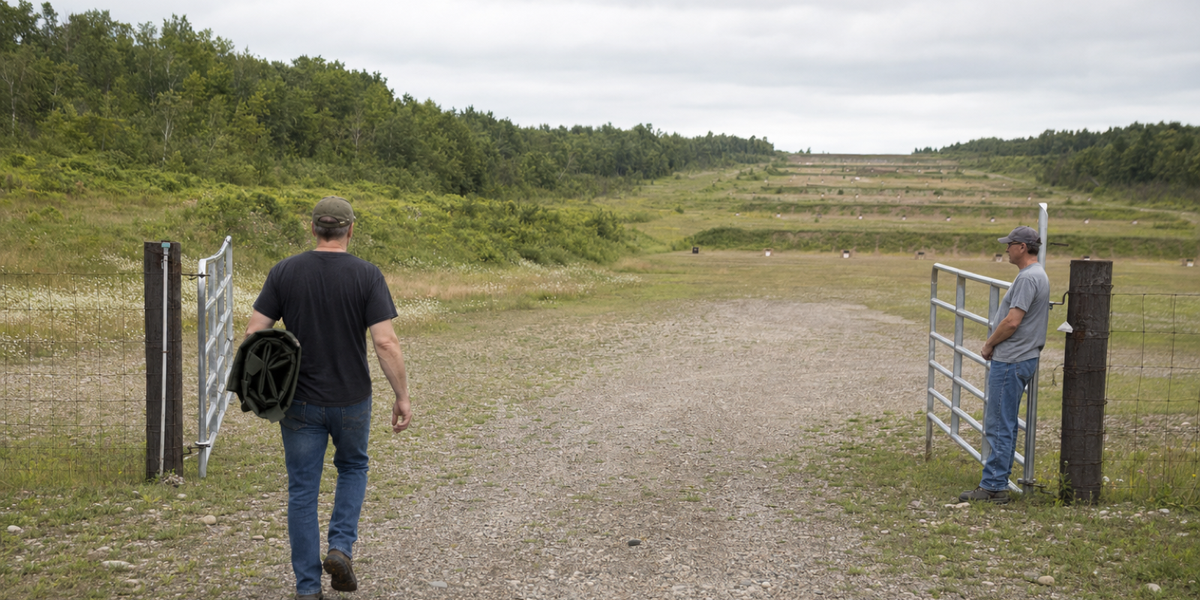 A civilian shooter carries a folded mat into an unnamed Ontario long-range range.