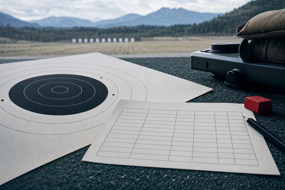 A blank F-Class score card and target centre rings in cool Canadian range light.