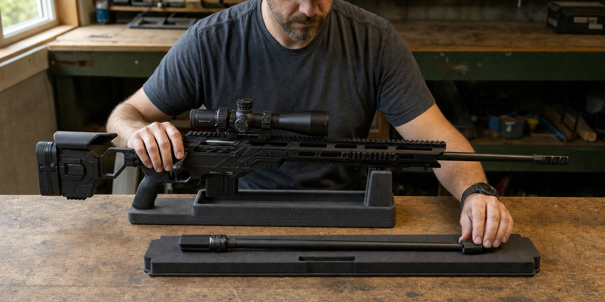 An owner at a worn workshop bench steadies a bolt-action precision rifle beside a separate capped barrel.