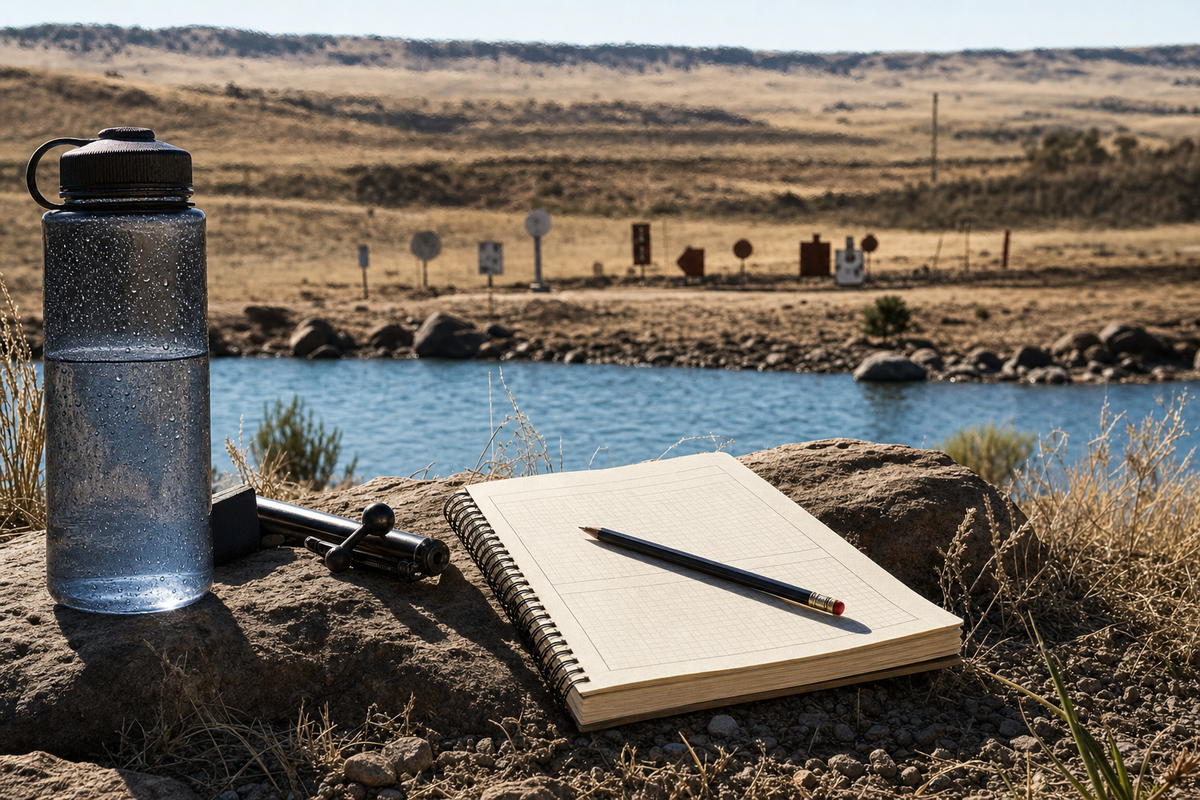 A hot Southern Alberta precision rimfire match notebook beside water and dry range ground.
