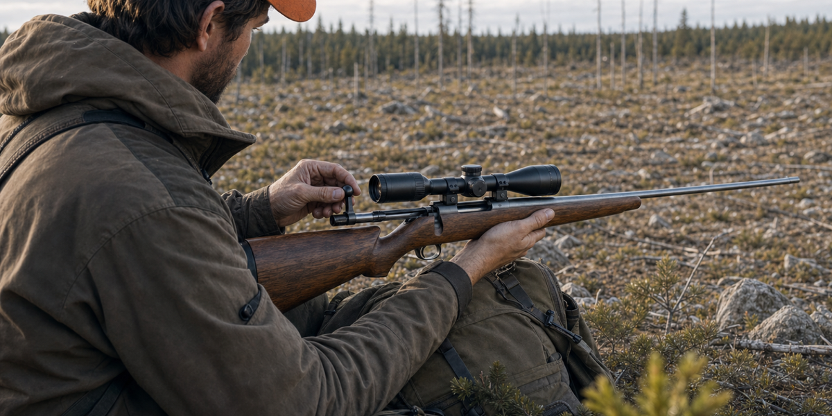 A hunter checks a scoped bolt-action rifle beside an empty boreal clearcut.