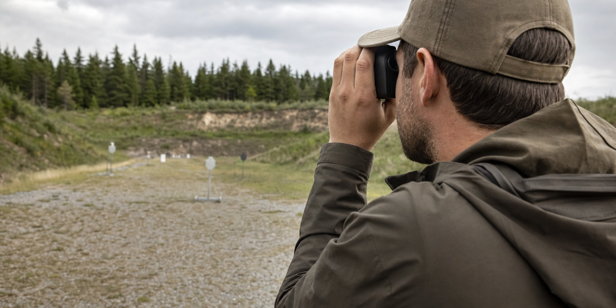 A shooter uses a compact laser rangefinder toward distant steel on an outdoor Canadian range.