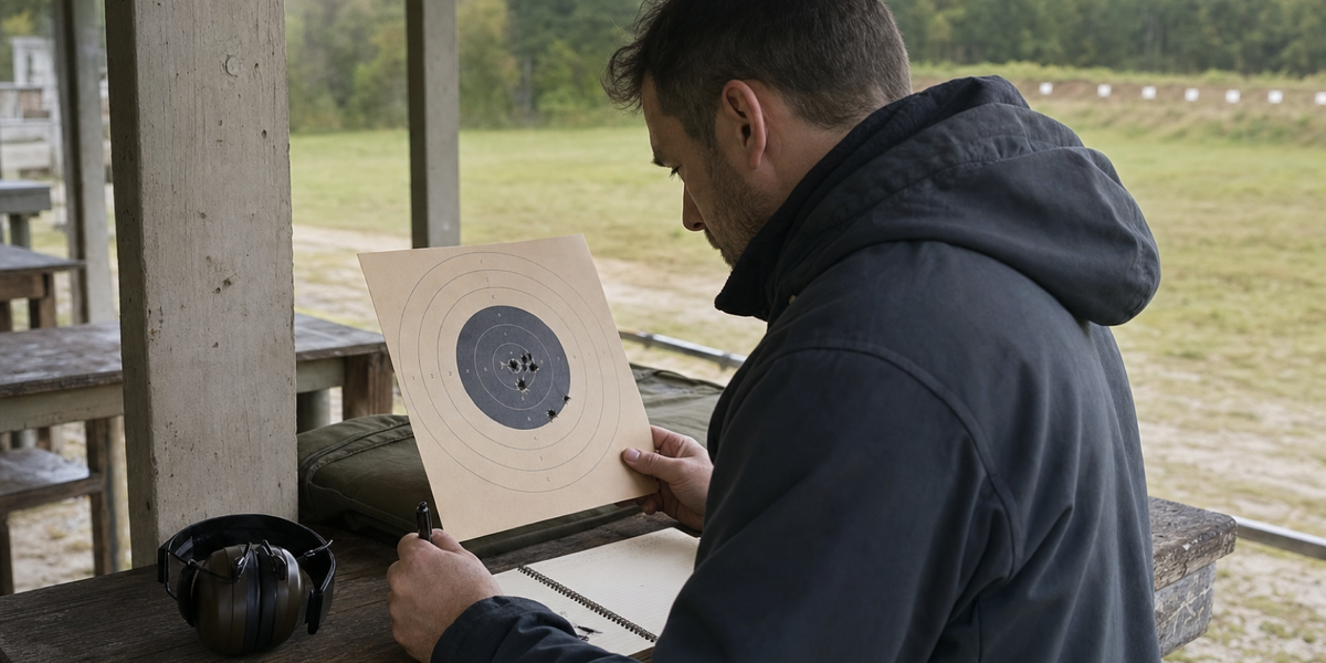 A shooter studies a paper group and writes in a range notebook.