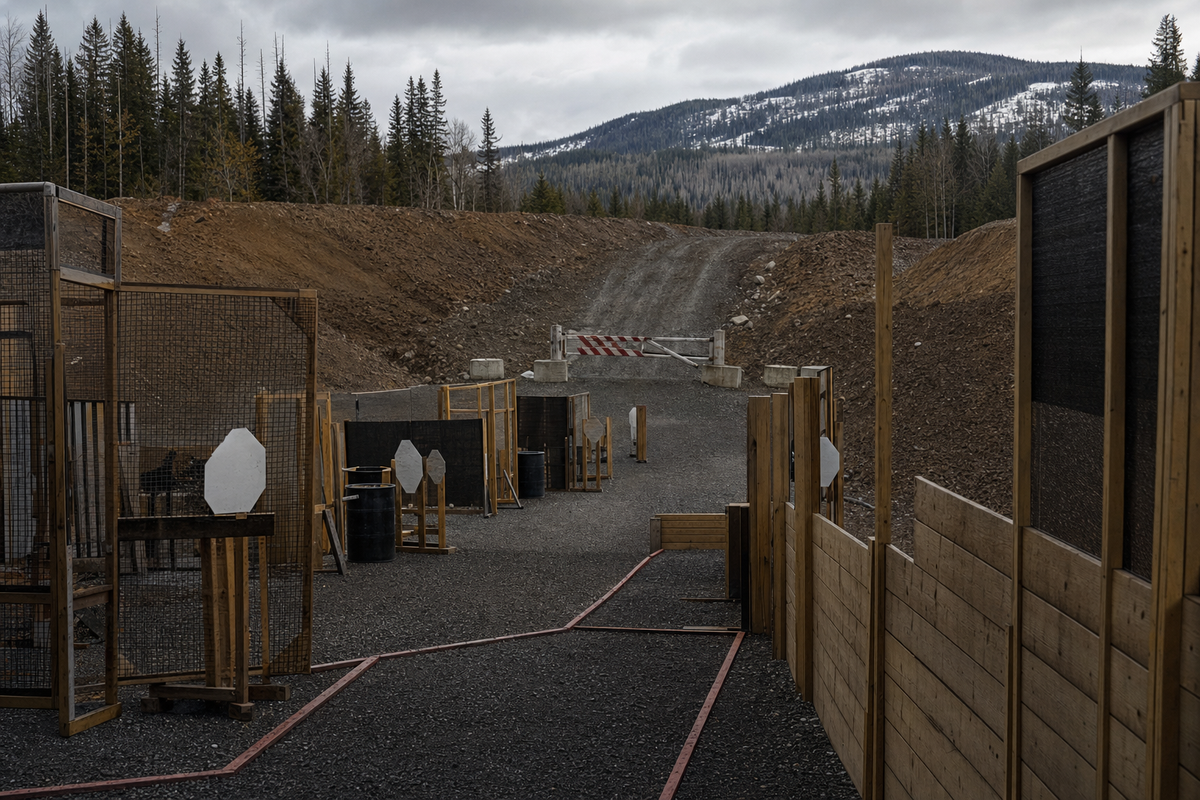 A northern B.C. action-shooting bay prepared for a national match, with a blocked on-ramp motif in the distance.