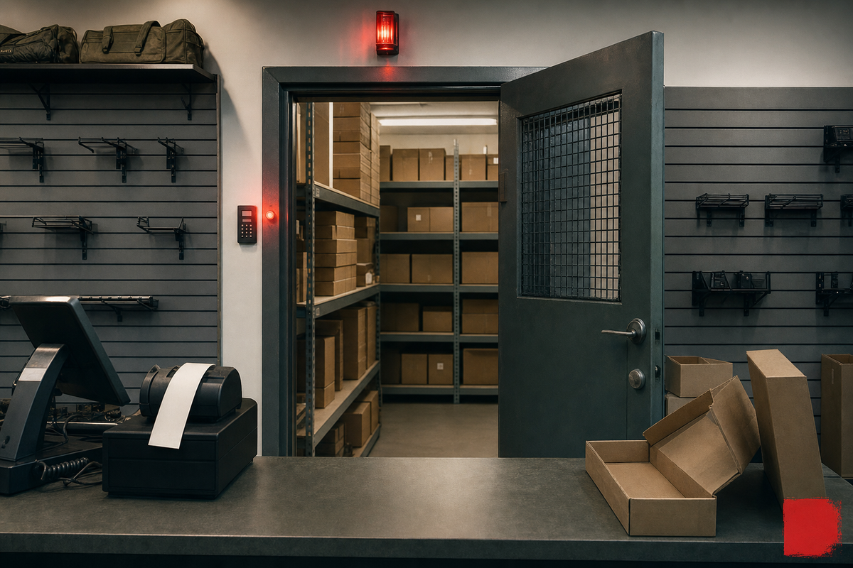 A regulated dealer counter under policy pressure, with an alarmed storage door and blank cartons behind it.
