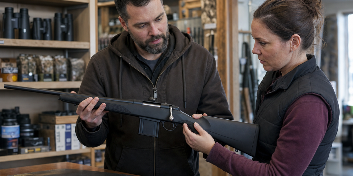 A customer and clerk safely inspect a bolt-action rifle at a Canadian sporting-goods counter.
