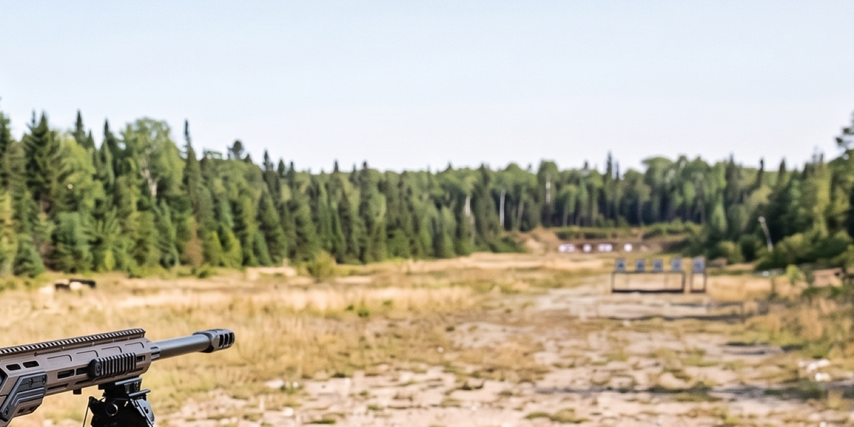 The front end of a fictional chassis precision rifle rests on a bipod at an outdoor range, with targets downrange.