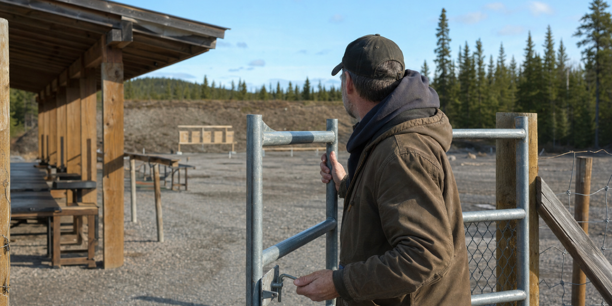 A volunteer opens the gate at an empty northern Canadian outdoor shooting range.