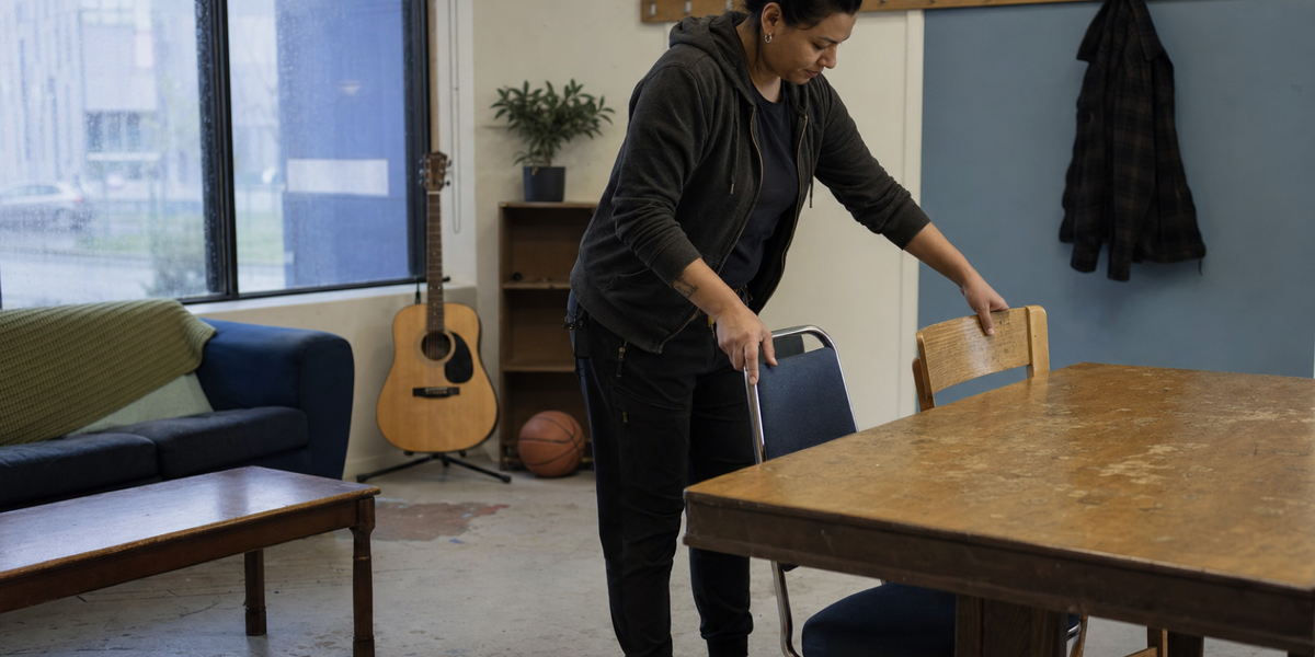 A community worker prepares chairs around a shared table in an unnamed Metro Vancouver youth drop-in.