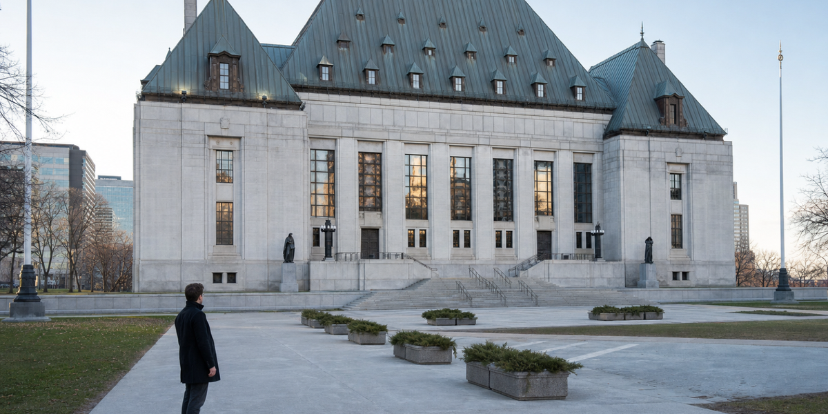 A visitor waits on the forecourt below the Supreme Court of Canada in early-morning Ottawa light.