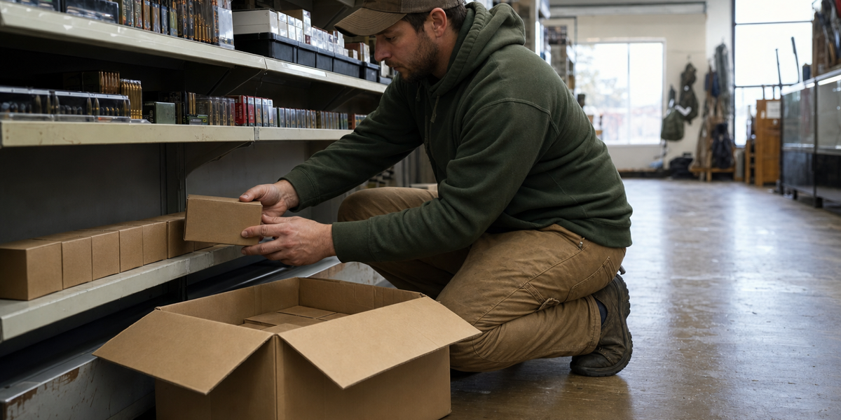 A sporting-goods worker stocks plain ammunition boxes on a low shelf before opening.
