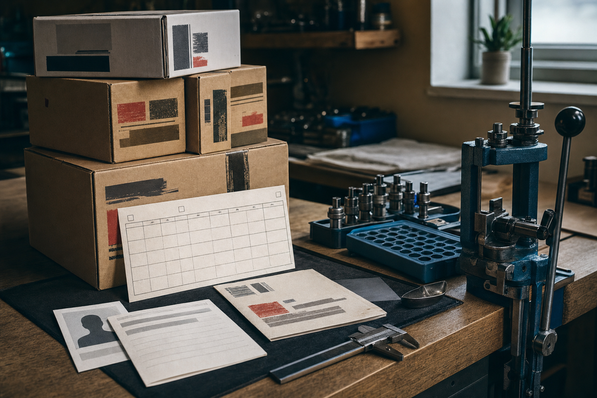 A Canadian reloading order staged between a supplier calendar, sealed component boxes, and a tidy loading bench.