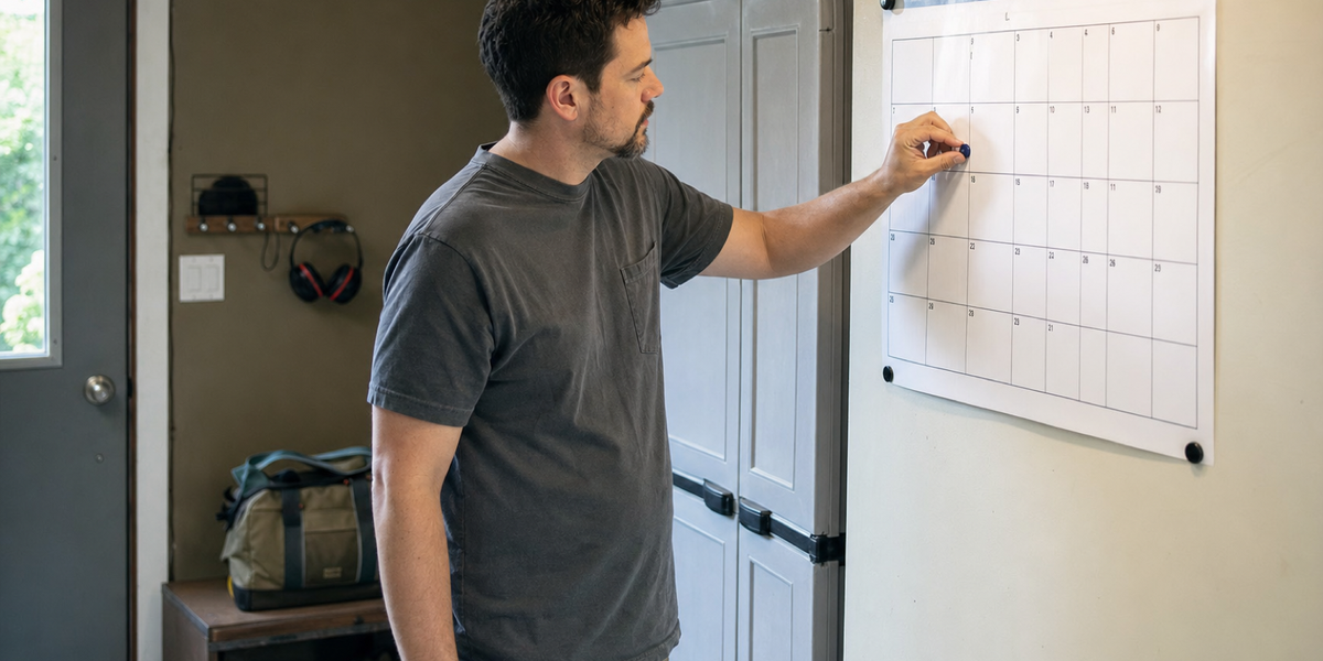 An owner moves a marker on a wall calendar beside a closed storage cabinet.