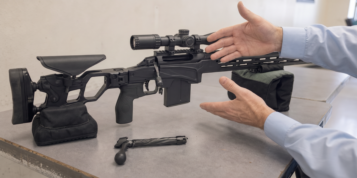 An instructor gestures beside the open action of a supported chassis rifle in a firearms safety classroom.