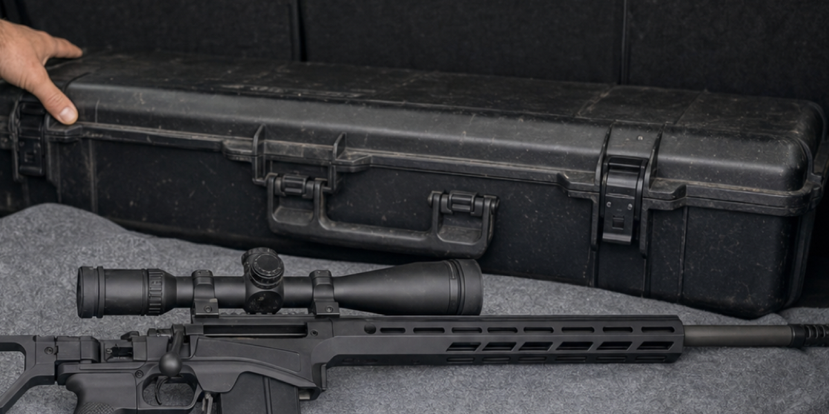 A scoped bolt-action chassis rifle rests in a vehicle cargo area beside a hard case, with an owner's hand on the case.