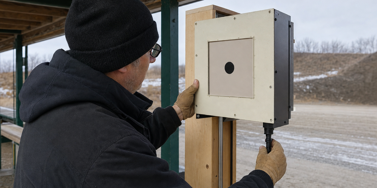 A range volunteer checks an electronic target and cable under an empty outdoor shelter.