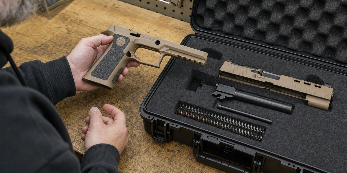 A P320 owner examines an empty tan grip module beside separated slide and barrel parts.
