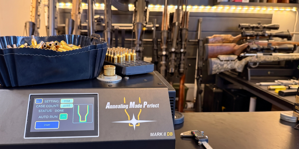 AMP MARK II DB annealer on Steve's reloading bench with brass staged above the touchscreen.