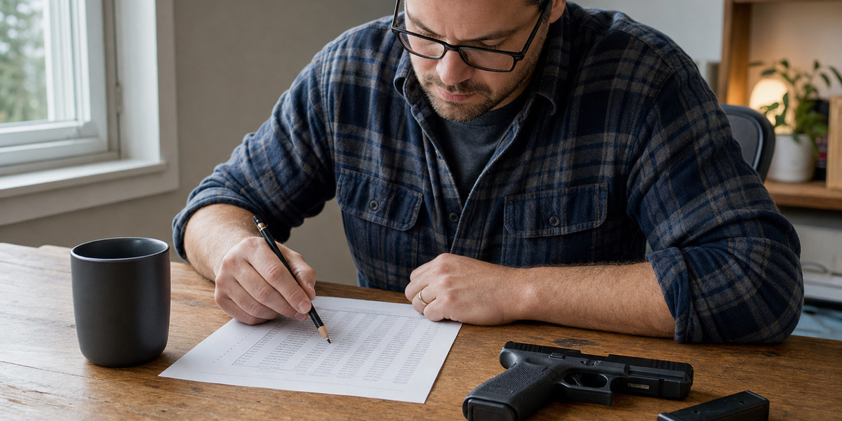 An owner reads a statistical table beside a safely supported air pistol.