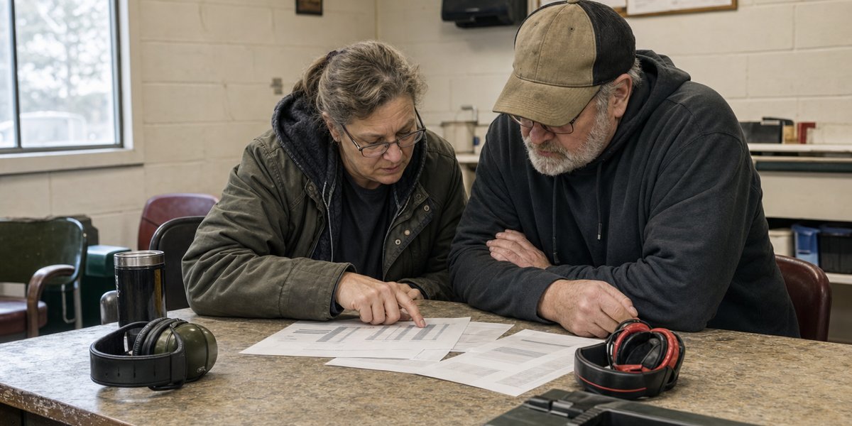 Two club members study statistical printouts in a worn range classroom.