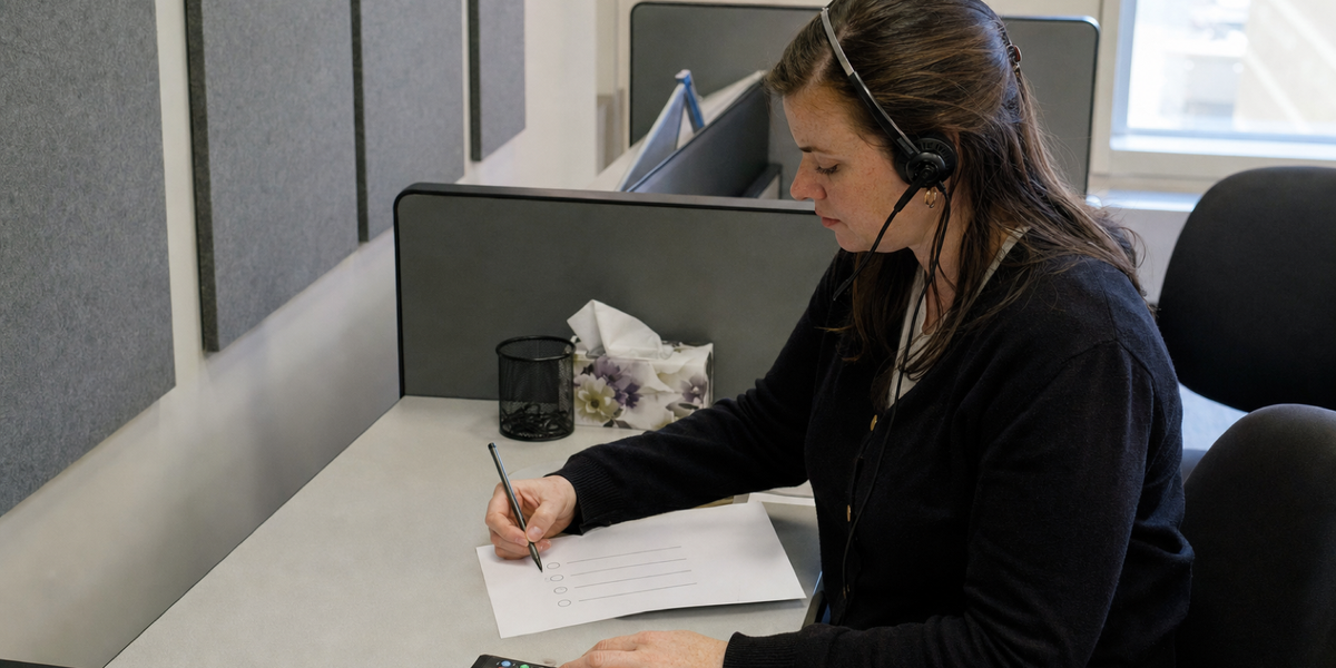 A polling interviewer listens through a wired headset while marking an unbranded response sheet.