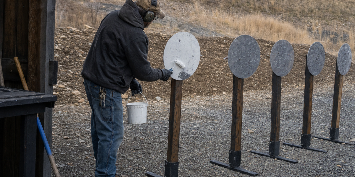 A fictional range volunteer repaints one of five steel plates between strings at an unnamed outdoor range.