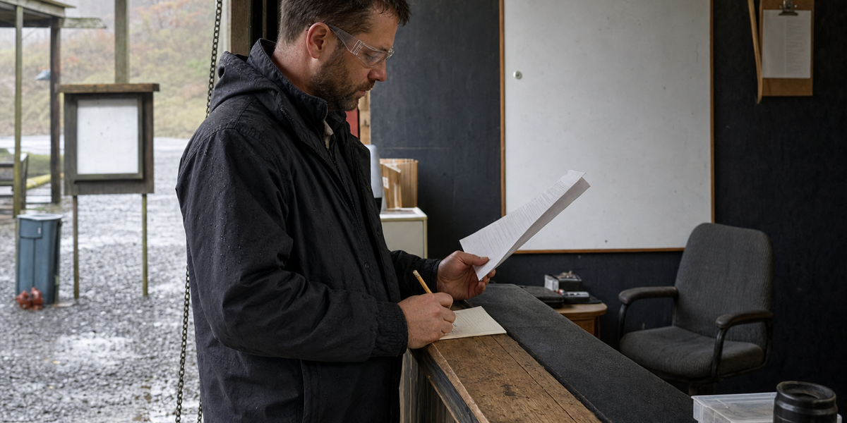 A fictional adult member checks an unreadable printout at an unnamed Ontario range clubhouse counter.