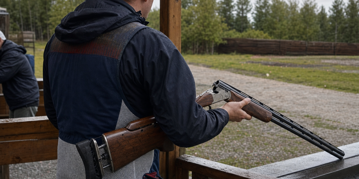 A clay-sport competitor carries an open over-under shotgun away from an empty firing point after a relay.