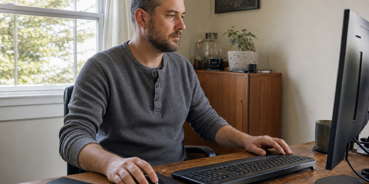 A fictional licensed owner works at a desktop with an unreadable phone set aside.