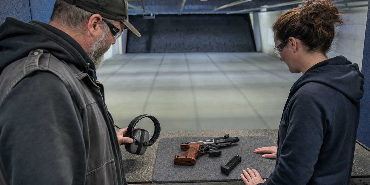 Two adults inspect a generic target pistol at an indoor range bench before a session.