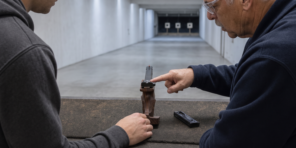 A trainee and coach inspect one target pistol at a quiet firing point.