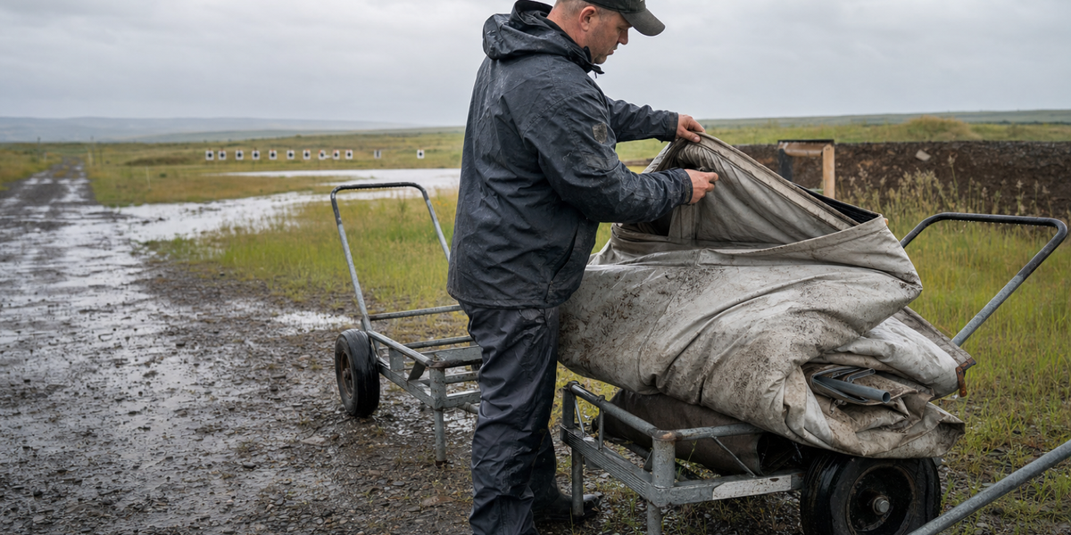 A fictional range volunteer folds a wet canvas shelter beside a puddled service path after rain.