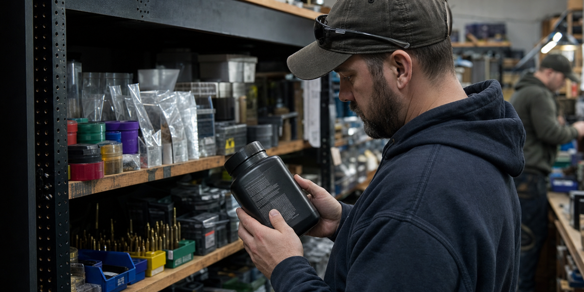 A fictional handloader checks an opaque component container at an independent Canadian retailer's shelf.