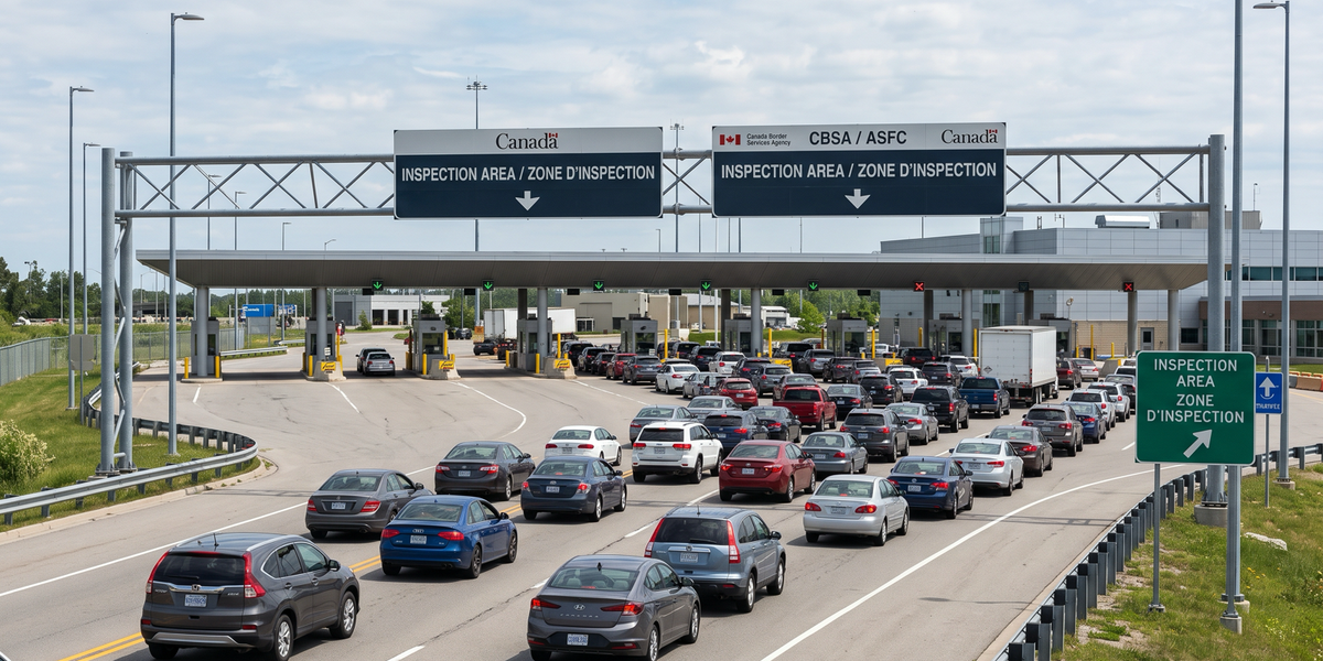 Vehicles approach a Canadian border inspection area beneath bilingual CBSA and ASFC signs.