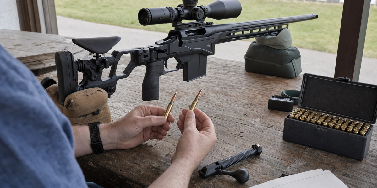 A fictional shooter prepares loose cartridges beside an open-action chassis rifle at a covered range bench.