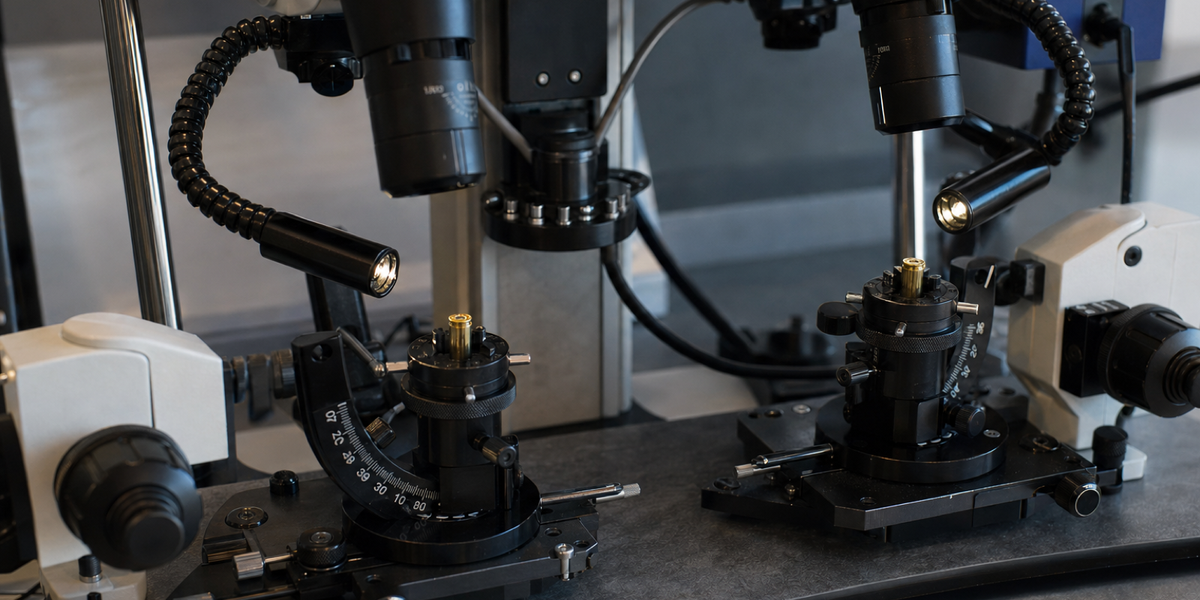 Two fired cartridge cases sit in separate mounts beneath the paired objectives of a comparison microscope.