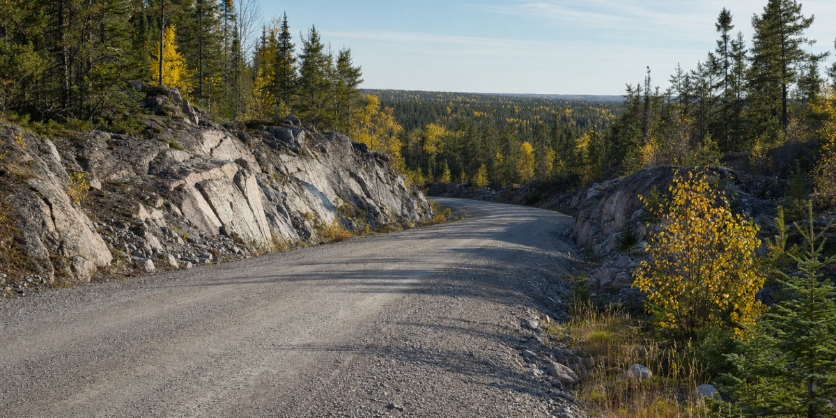 Generated illustrative photograph of a gravel road bending through boreal forest and exposed granite.