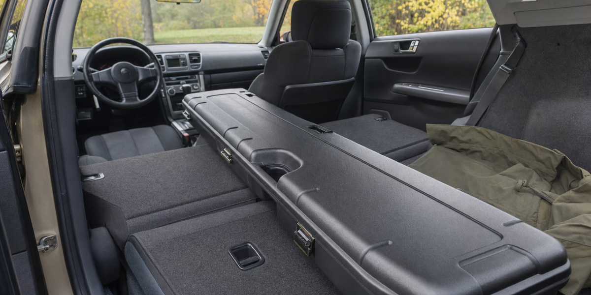 Generated photograph of a closed transport case beside an empty driver position in a parked car.