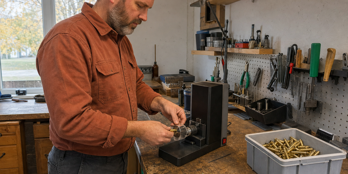 A fictional handloader uses a compact case trimmer at a work-worn home bench.