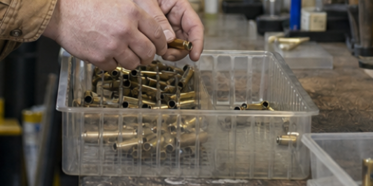 A fictional handloader sorts plain brass cases into a clear tray at a worn home workbench.