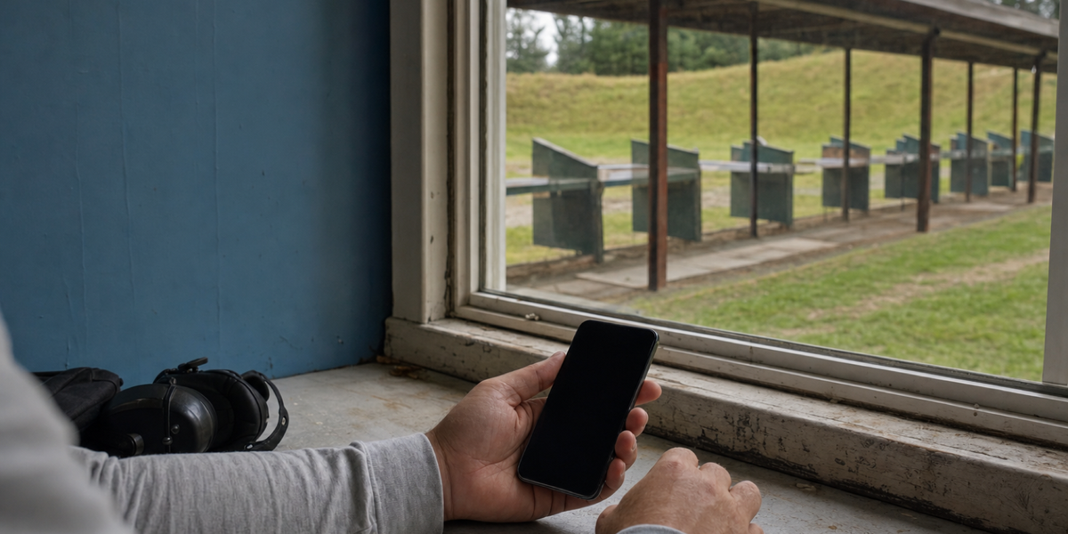 An illustrative view of a club member checking a phone beside a clubhouse window overlooking an empty shooting range.