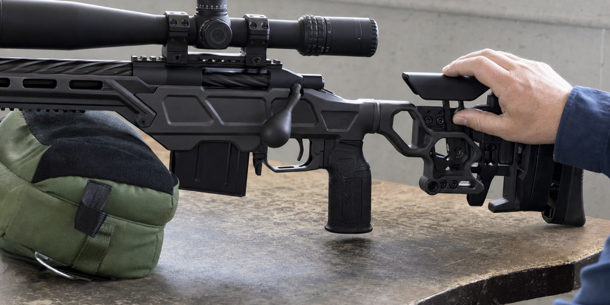 Generated illustration of a supported left-handed chassis rifle with a hand checking its cheekpiece.