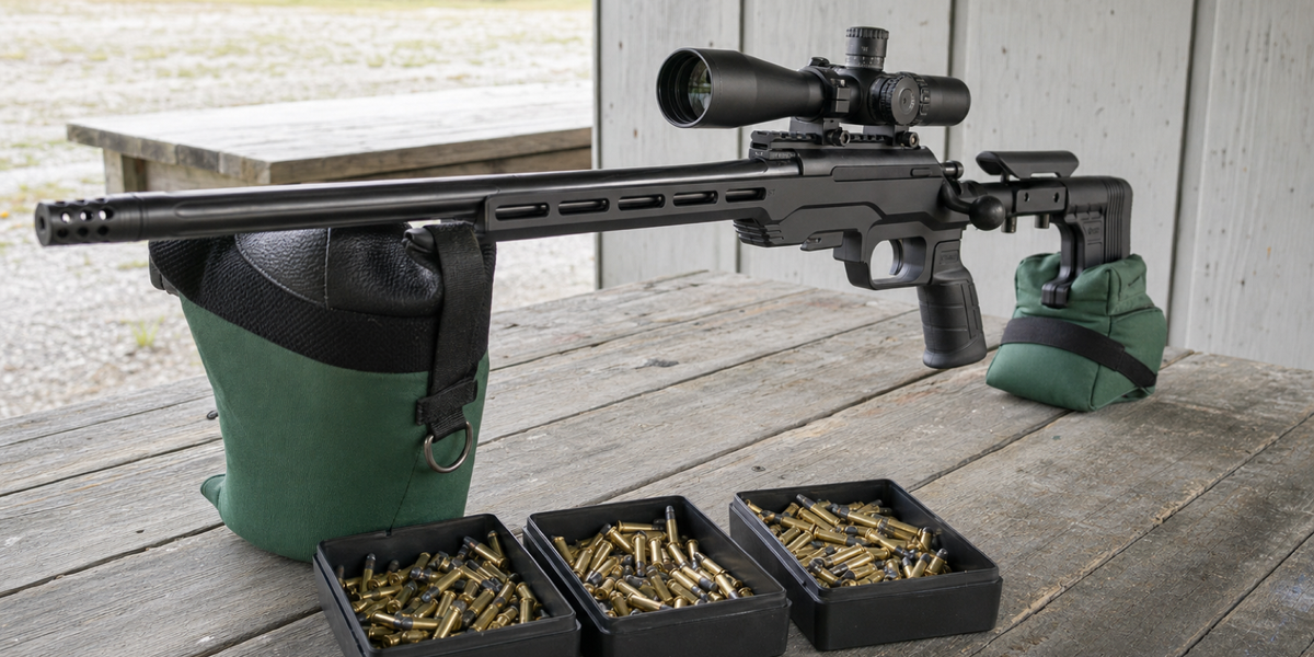 Generated illustrative photograph of factory rimfire ammunition beside a supported scoped rimfire rifle.