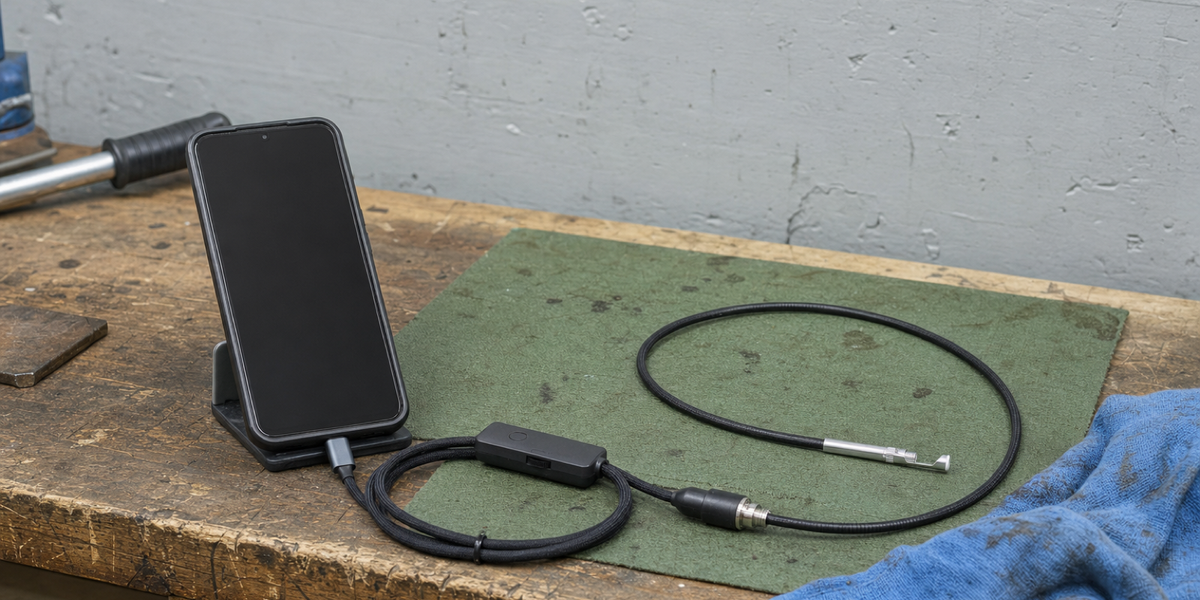 A Teslong NTG100-C borescope connected to an unbranded phone on a worn bench, with its probe resting on a green mat.